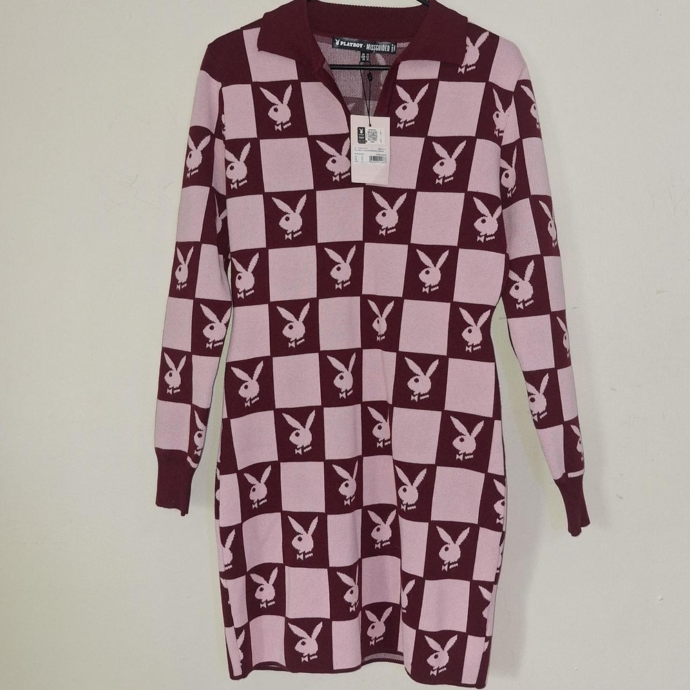PLAYBOY Maroon and Light Pink Checkered Long Sleeve Dress
